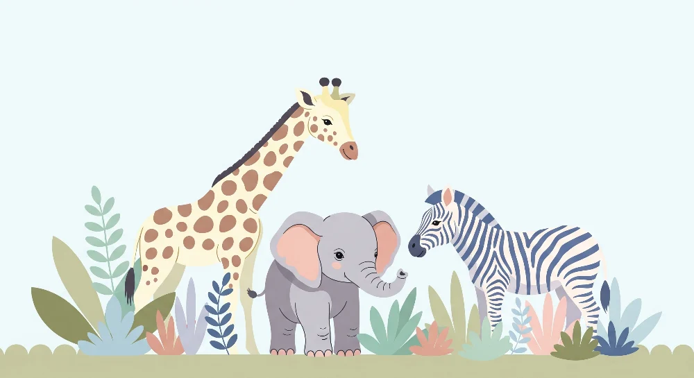 Tapet barnerom | Savannedyr med giraff, elefant og sebra