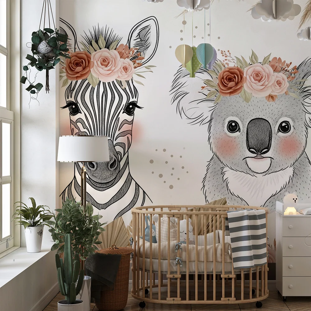 Tapet barnerom | Sjarmerende dyr med blomsterkranser