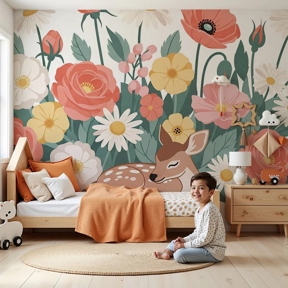 Tapet barnerom | Sjarmerende fawn blant blomstene