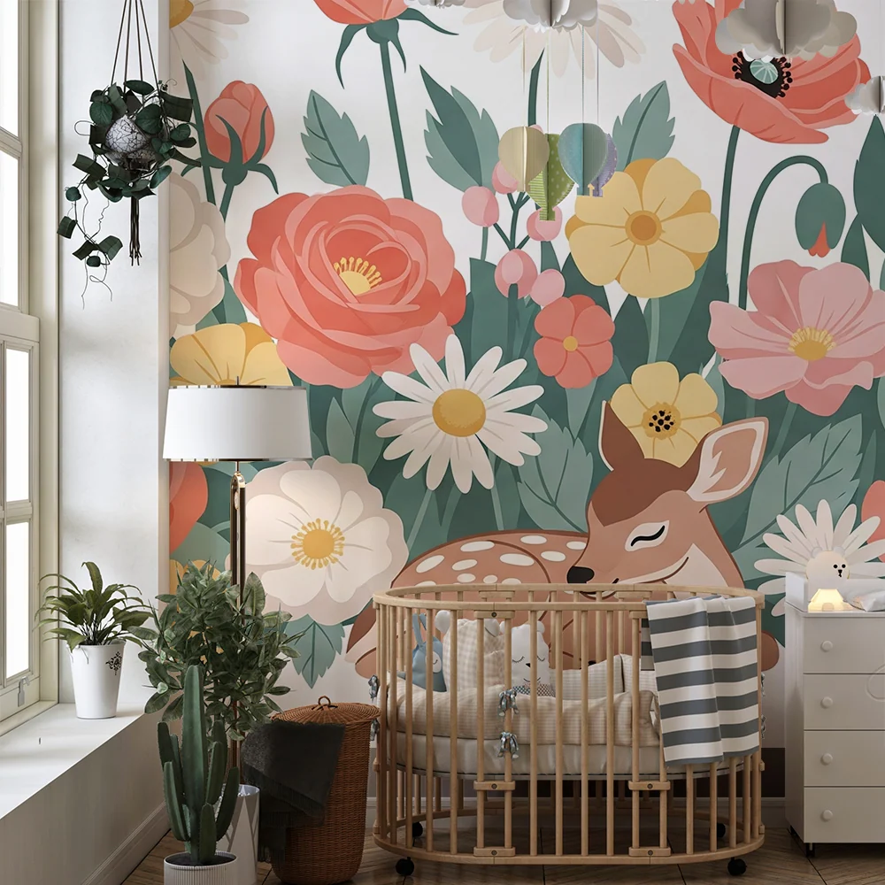 Tapet barnerom | Sjarmerende fawn blant blomstene