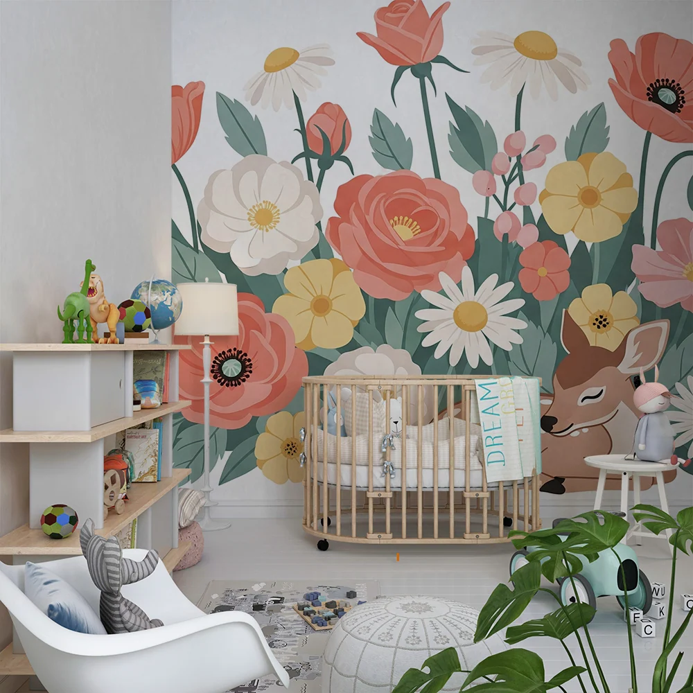 Tapet barnerom | Sjarmerende fawn blant blomstene