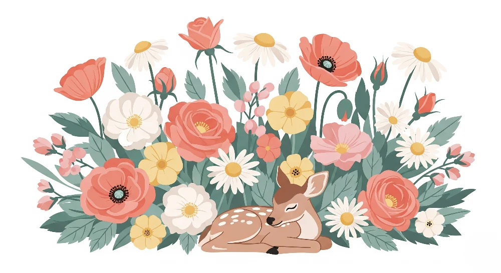 Tapet barnerom | Sjarmerende fawn blant blomstene