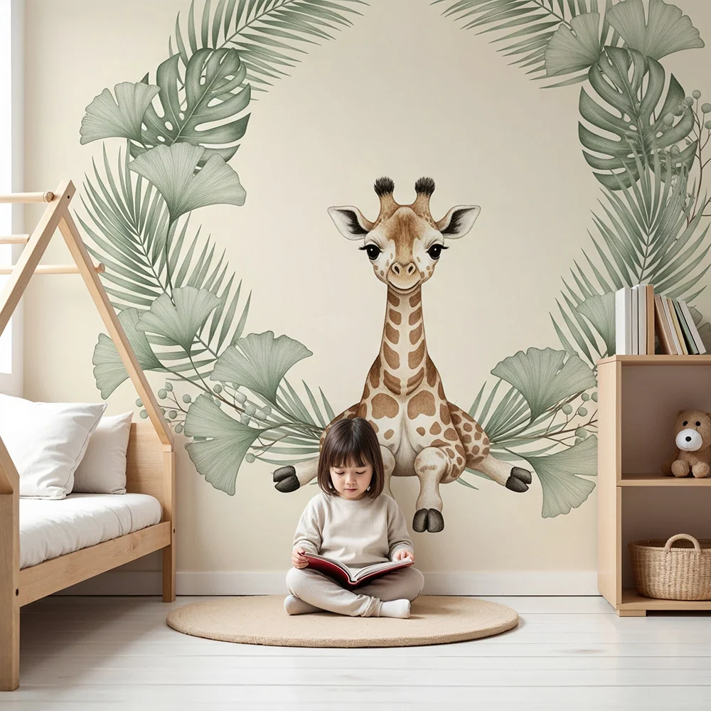 Tapet barnerom | Sjarmerende giraff omgitt av tropiske blader