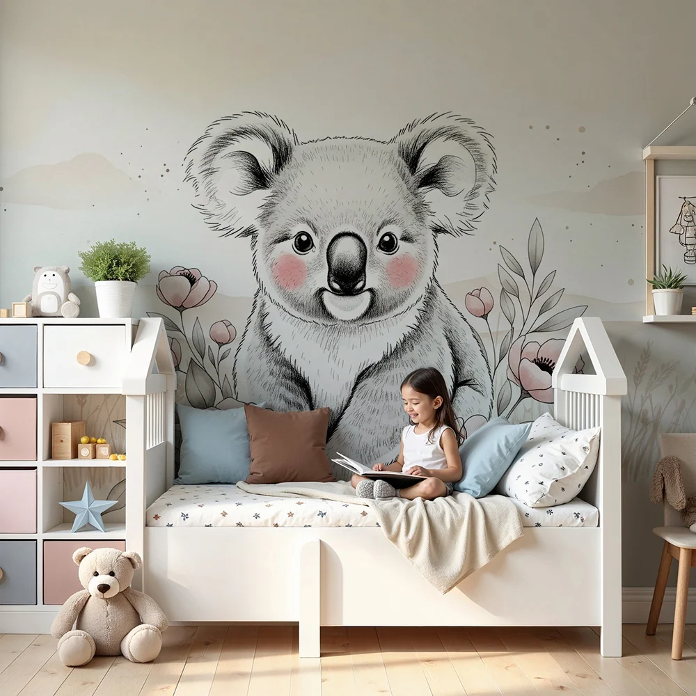 Tapet barnerom | Sjarmerende koala og delikate blomster