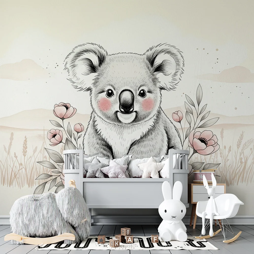 Tapet barnerom | Sjarmerende koala og delikate blomster