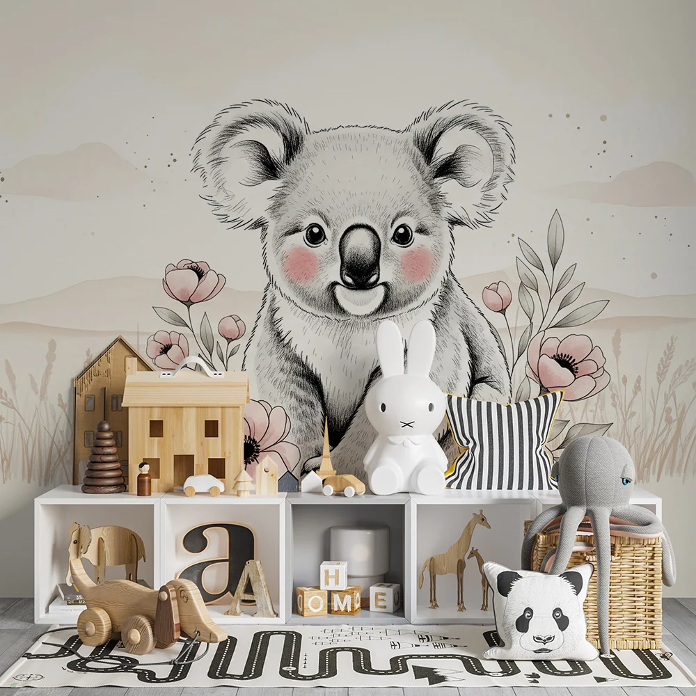 Tapet barnerom | Sjarmerende koala og delikate blomster