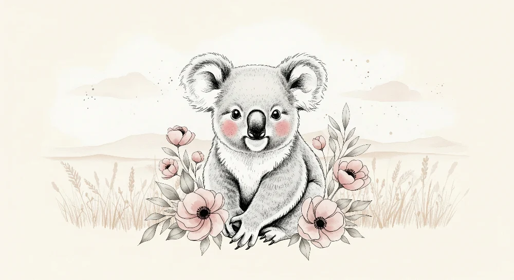 Tapet barnerom | Sjarmerende koala og delikate blomster
