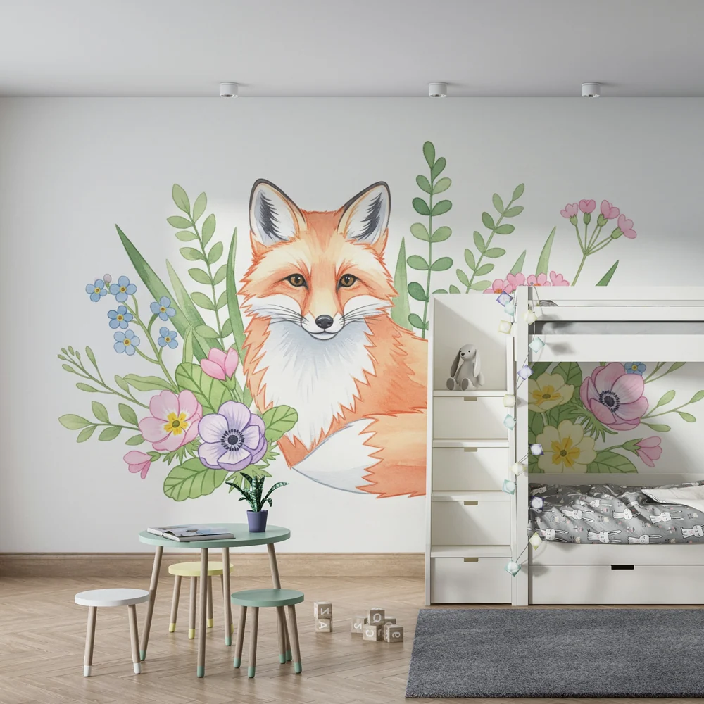 Tapet barnerom | Sjarmerende rev og fargerike blomster