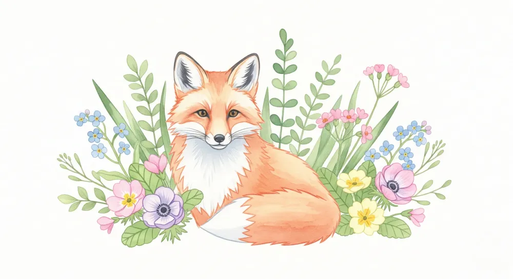 Tapet barnerom | Sjarmerende rev og fargerike blomster
