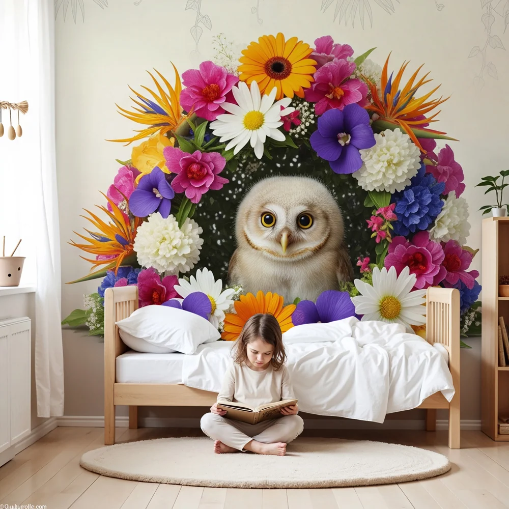 Tapet barnerom | Sjarmerende ugle omgitt av fargerike blomster