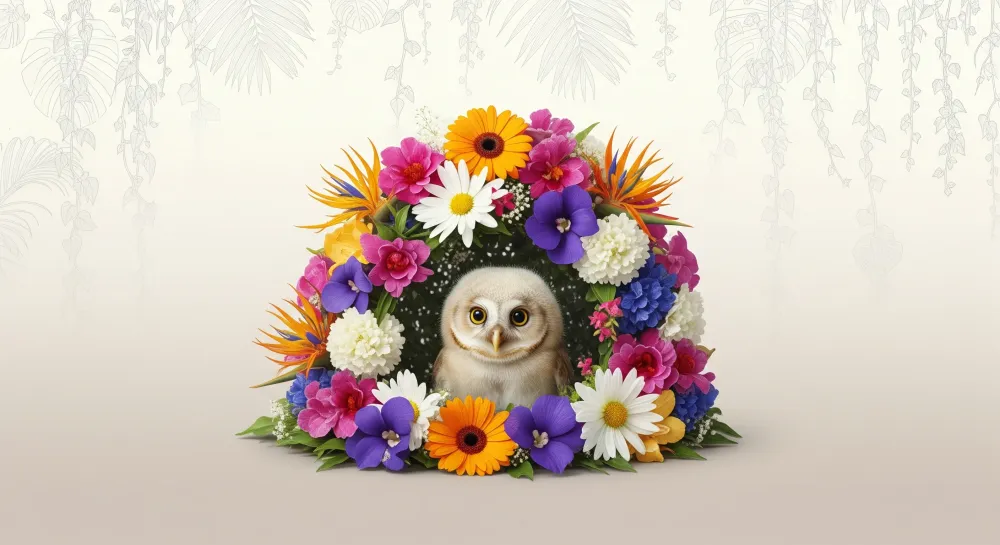 Tapet barnerom | Sjarmerende ugle omgitt av fargerike blomster