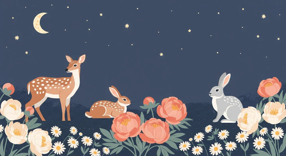 Tapet barnerom | Skogsdyr under en stjernehimmel med delikate blomster