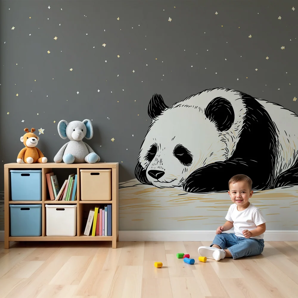 Tapet barnerom | Sovende drømmende panda under stjernene