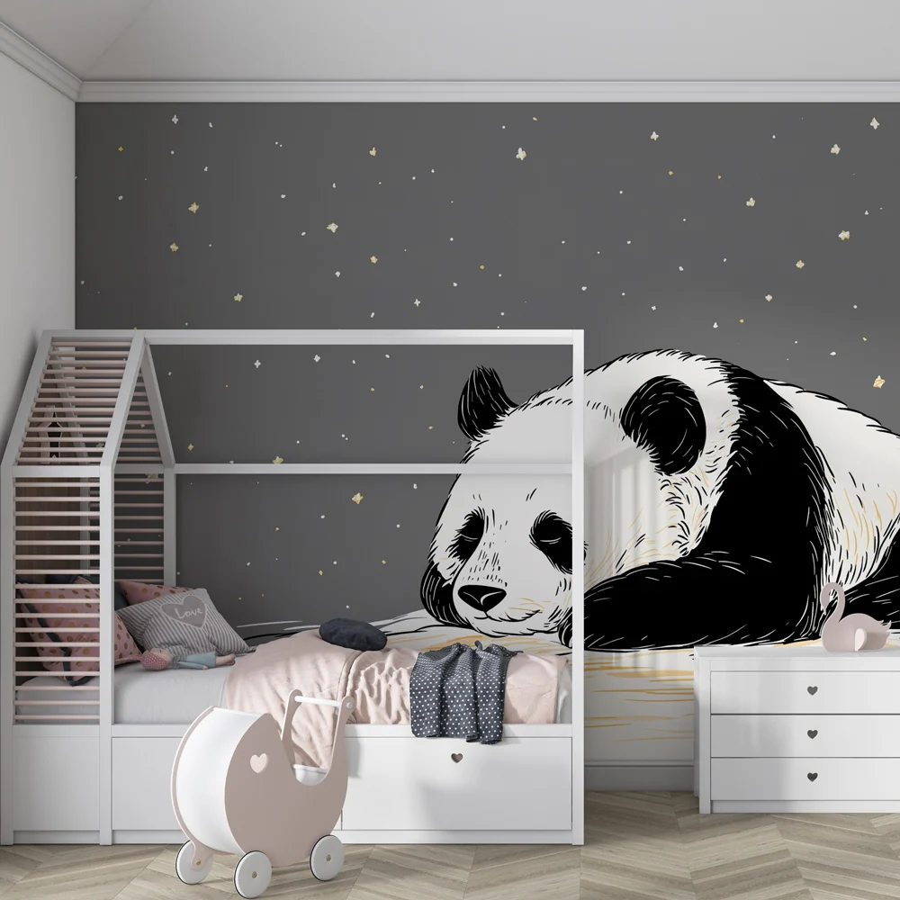 Tapet barnerom | Sovende drømmende panda under stjernene