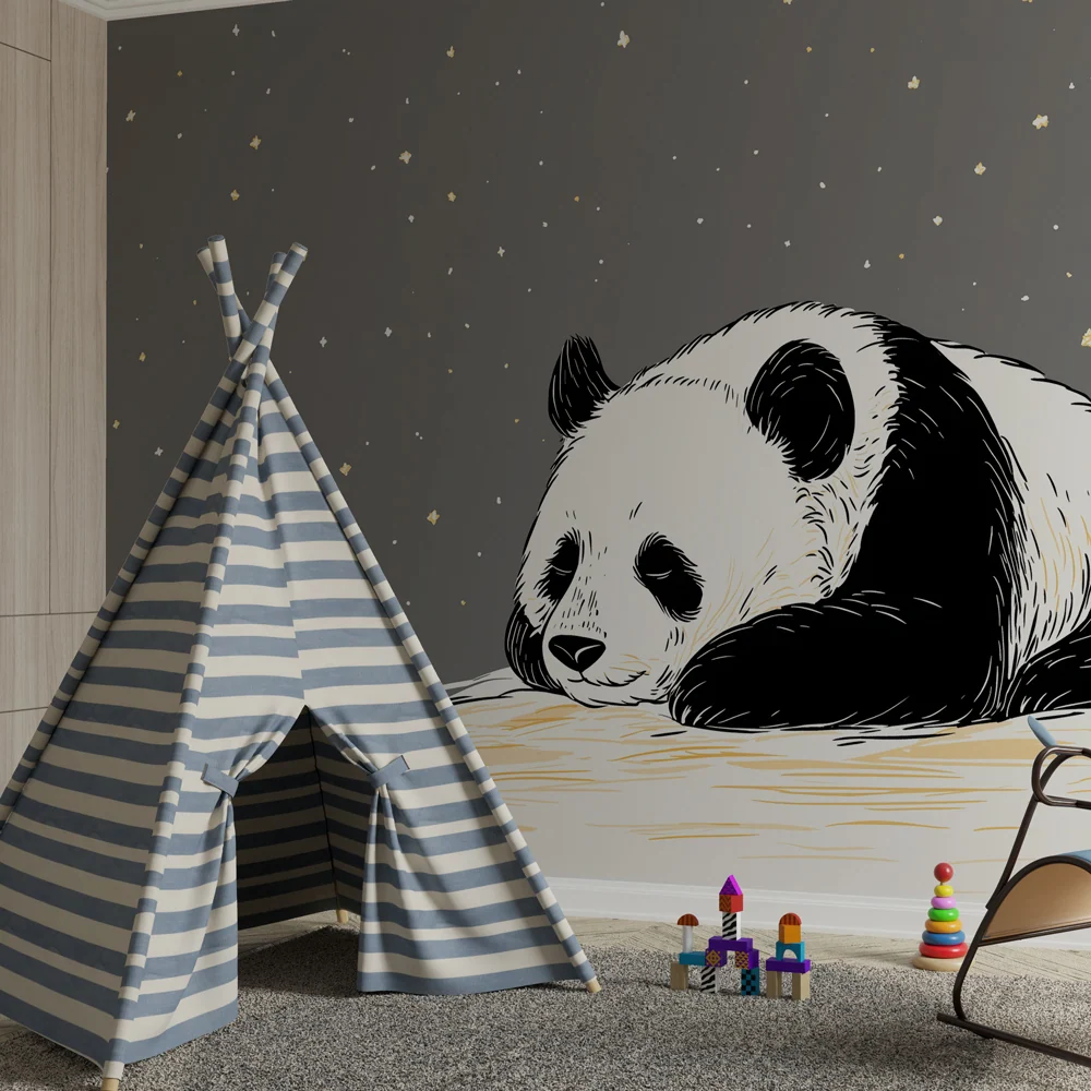 Tapet barnerom | Sovende drømmende panda under stjernene