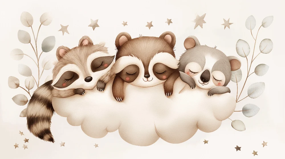 Tapet barnerom | Sovende dyr på en sky med gullstjerner