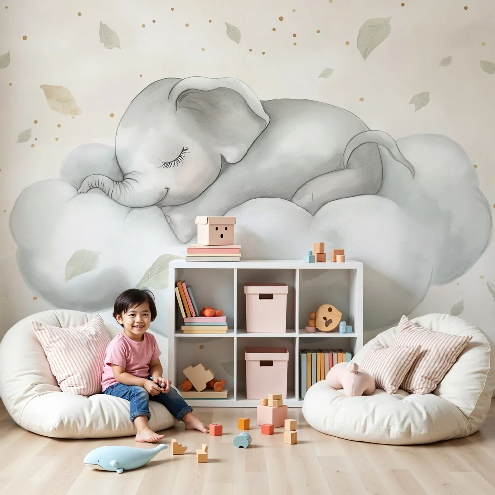 Tapet barnerom | Sovende elefant på en sky