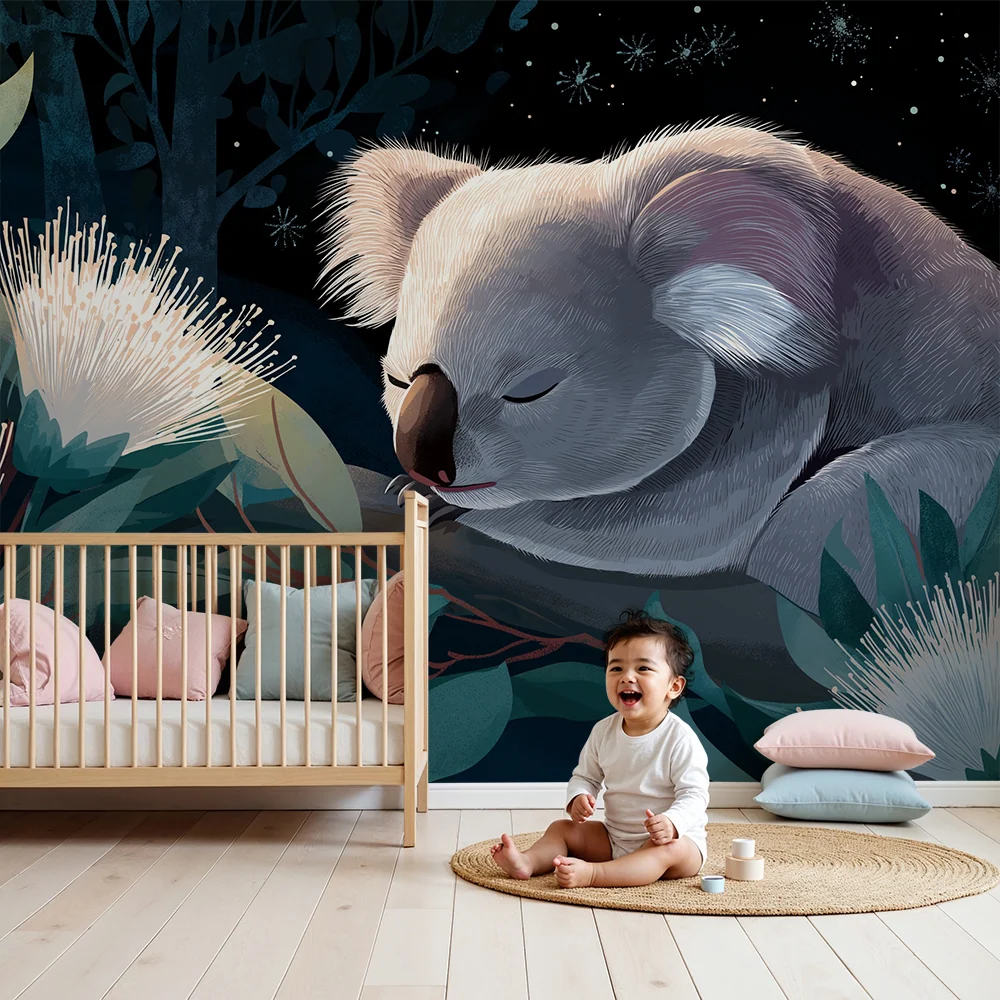 Tapet barnerom | Sovende koala blant australske blomster