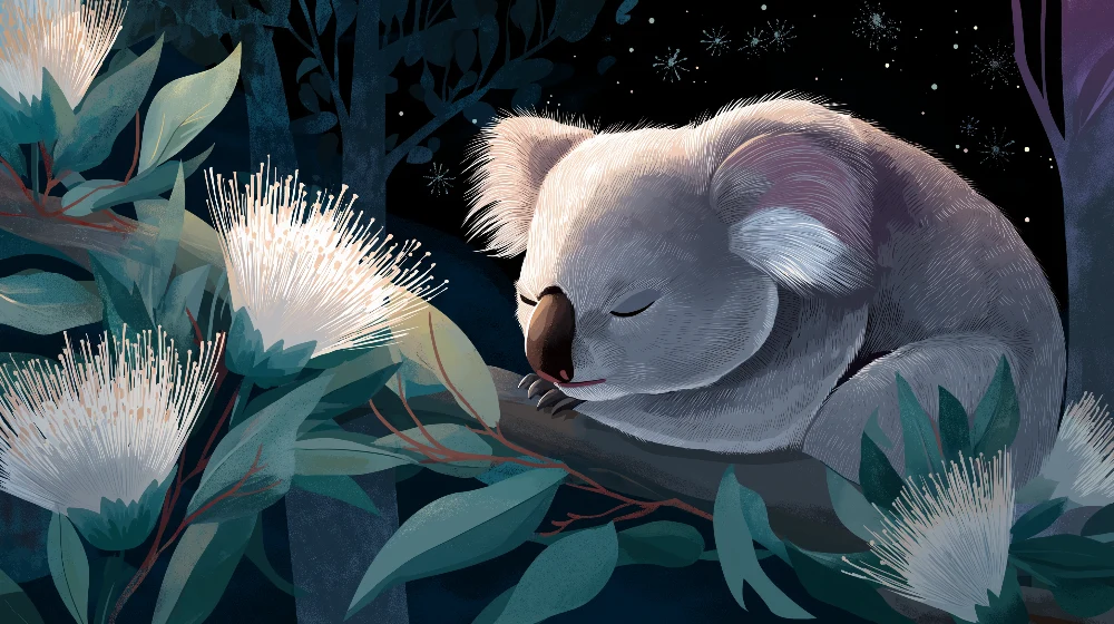 Tapet barnerom | Sovende koala blant australske blomster
