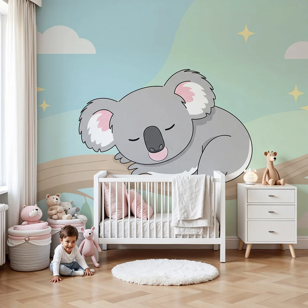 Tapet barnerom | Sovende koala på en gren med en beroligende himmel
