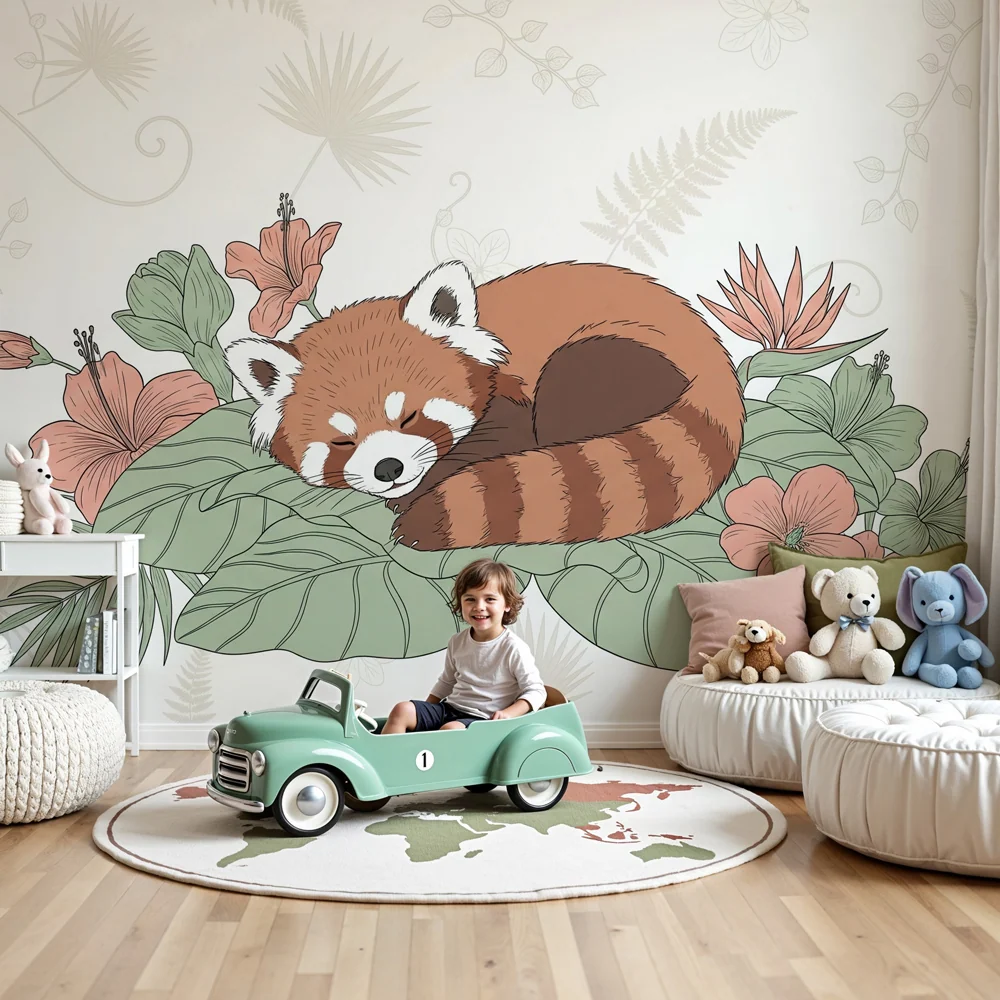 Tapet barnerom | Sovende rød panda blant blomstene