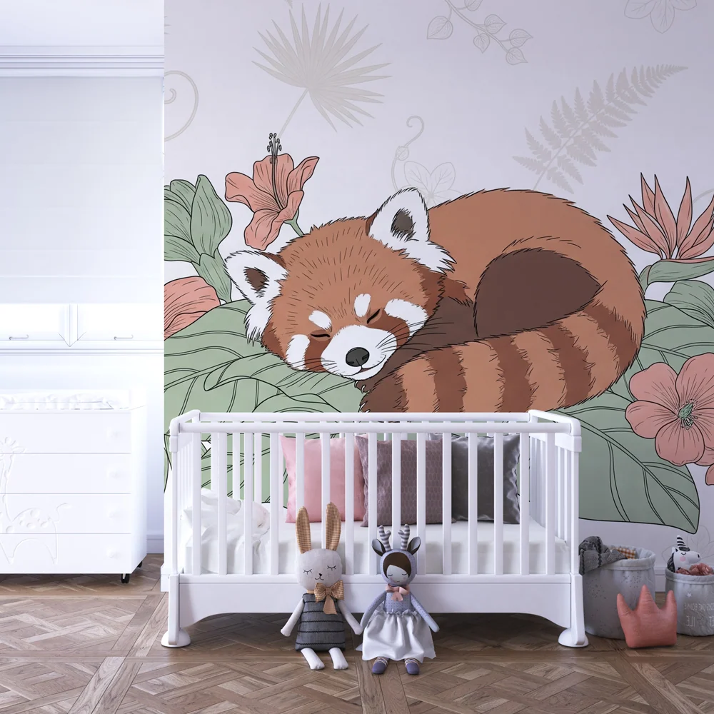 Tapet barnerom | Sovende rød panda blant blomstene