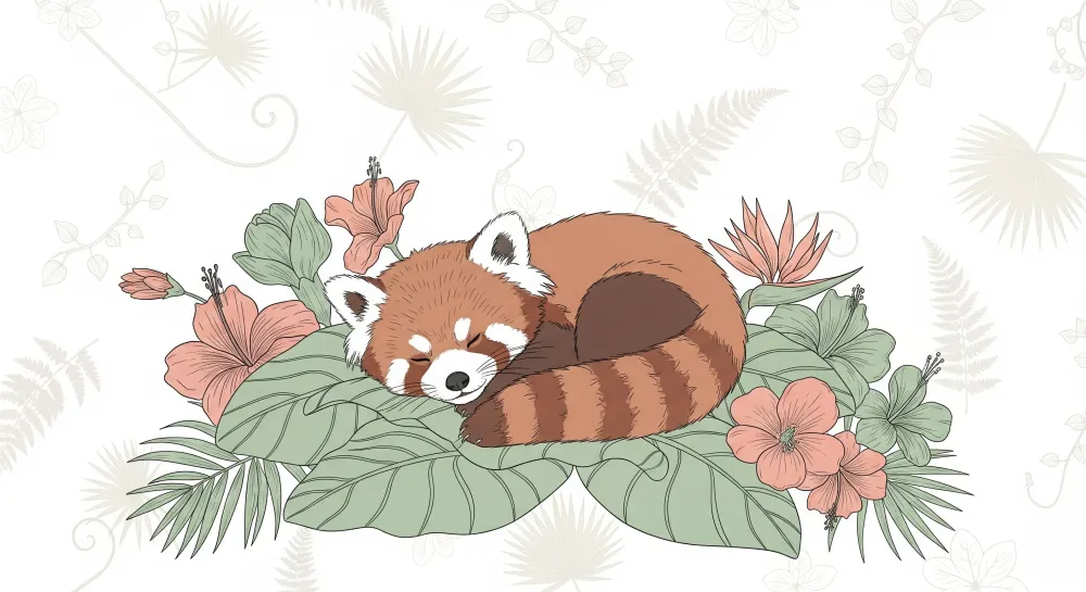 Tapet barnerom | Sovende rød panda blant blomstene