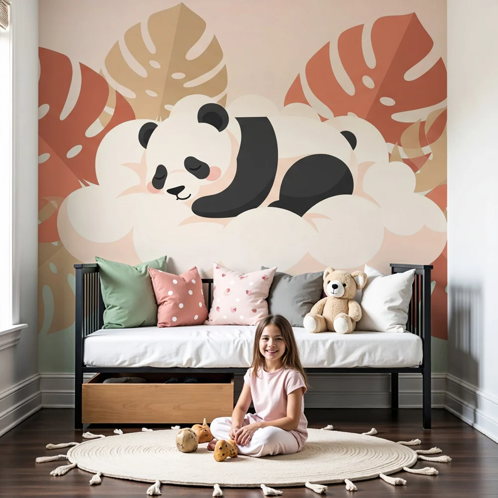 Tapet barnerom | Sovende panda på en sky i en gradient bakgrunn