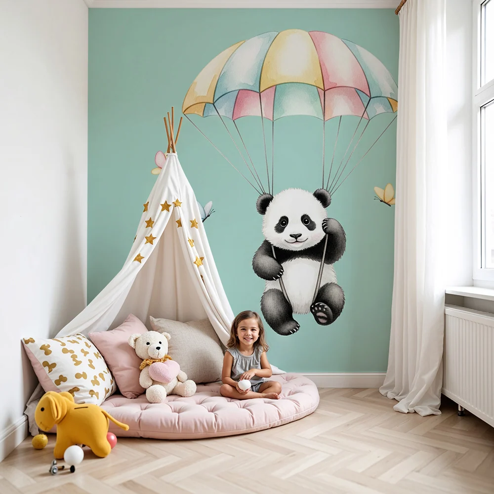 Tapet barnerom | Sprudlende panda i fallskjerm
