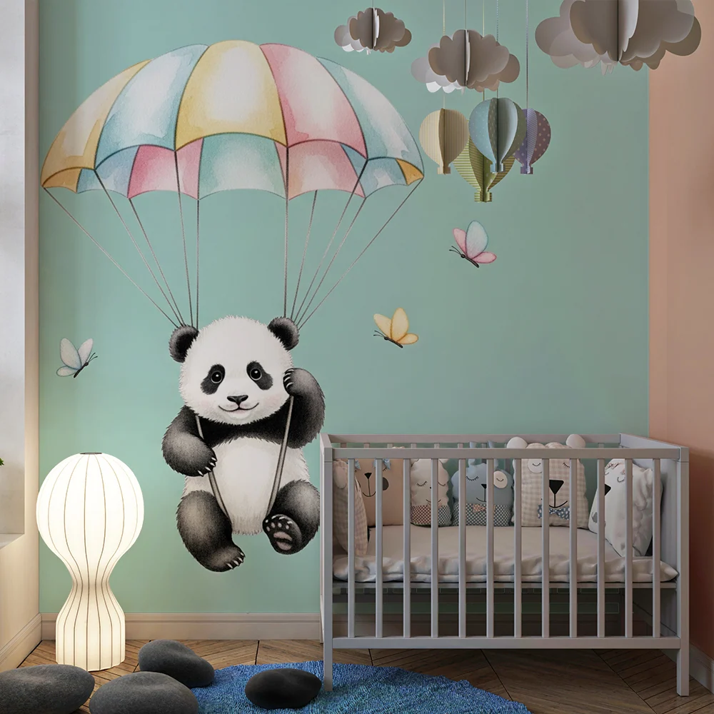 Tapet barnerom | Sprudlende panda i fallskjerm