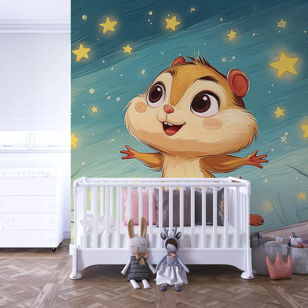 Tapet barnerom | Stjerner og liten glad ekorn
