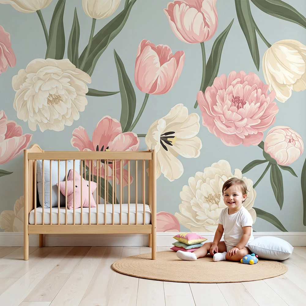 Tapet barnerom | Store blomster på blågrå bakgrunn