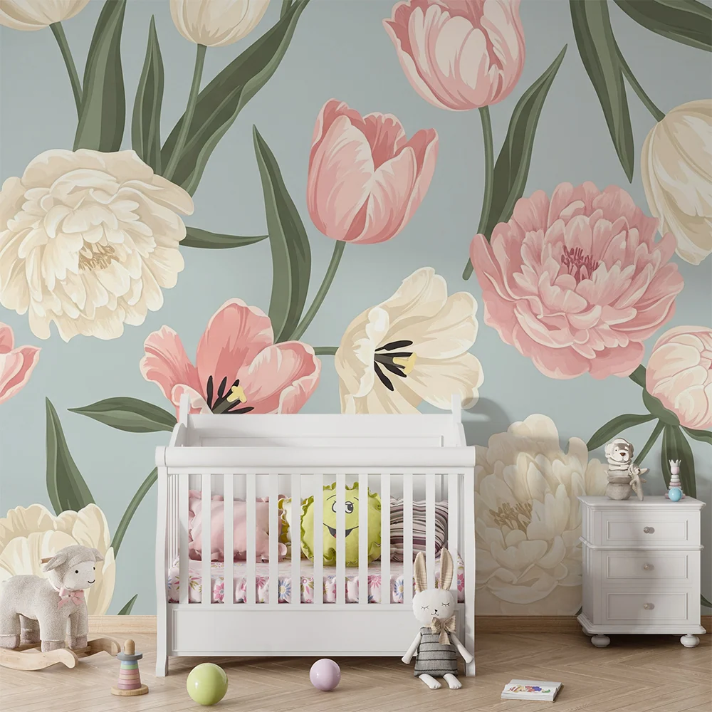 Tapet barnerom | Store blomster på blågrå bakgrunn