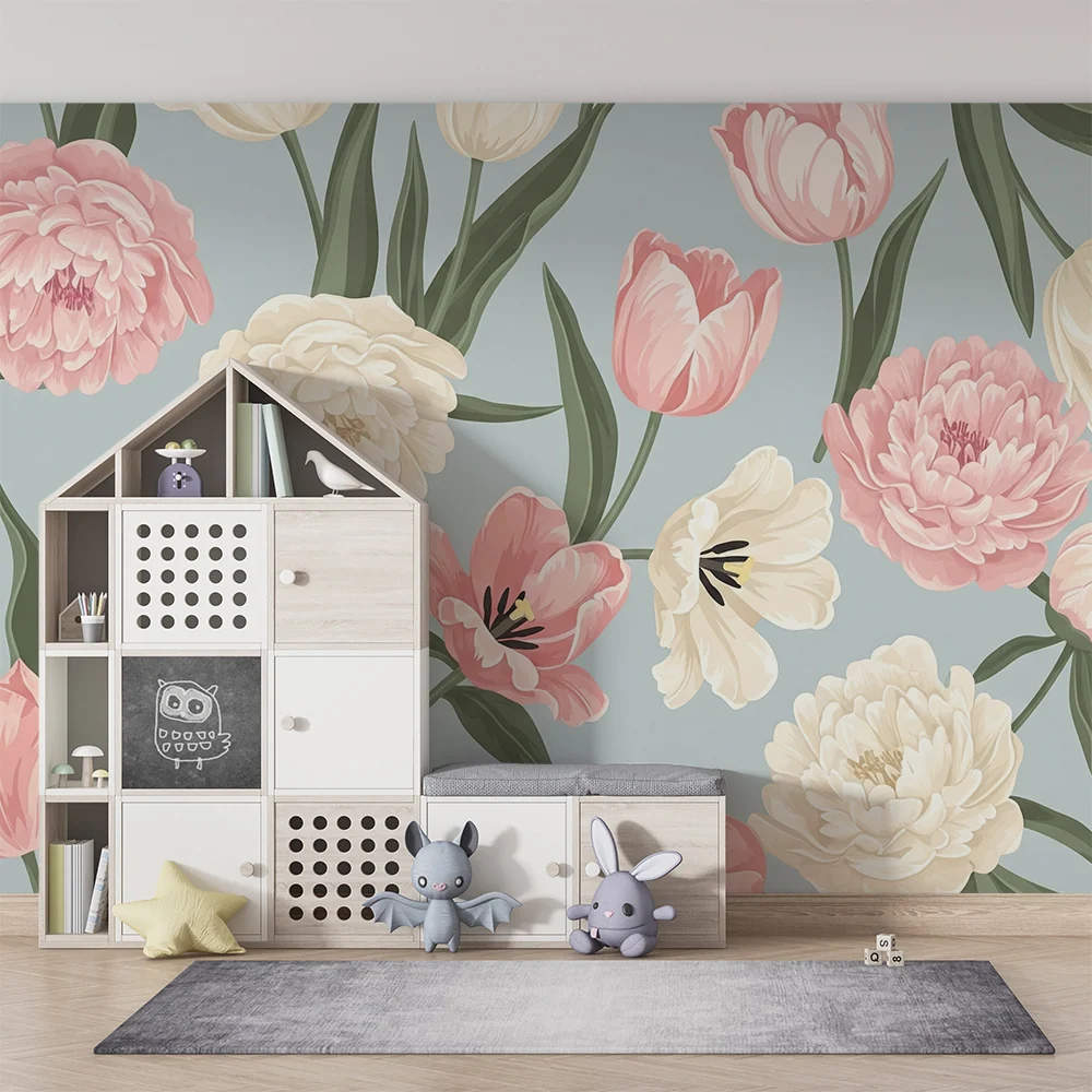 Tapet barnerom | Store blomster på blågrå bakgrunn