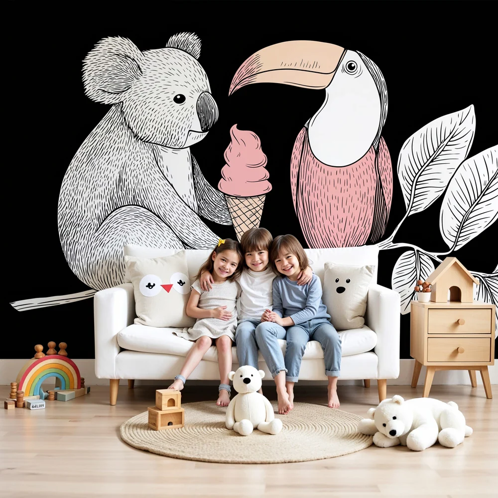 Tapet barnerom | Sulten koala og fargerik toucan