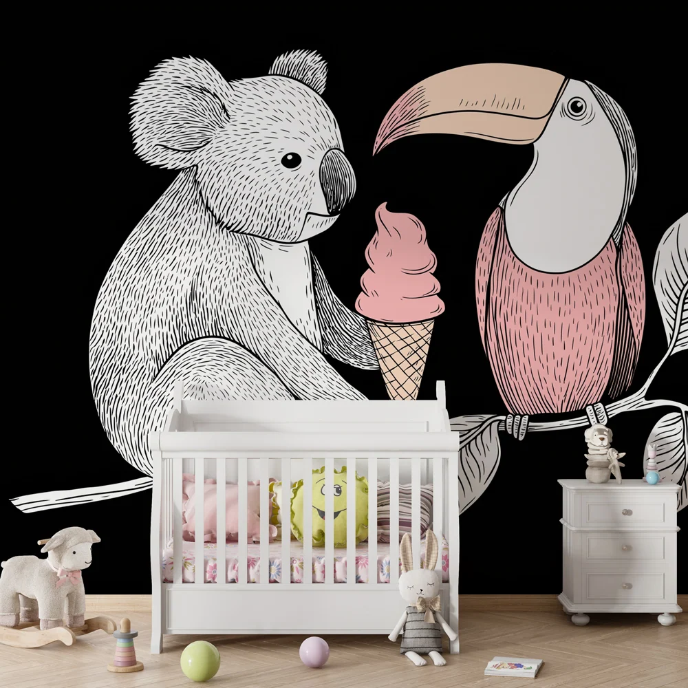 Tapet barnerom | Sulten koala og fargerik toucan