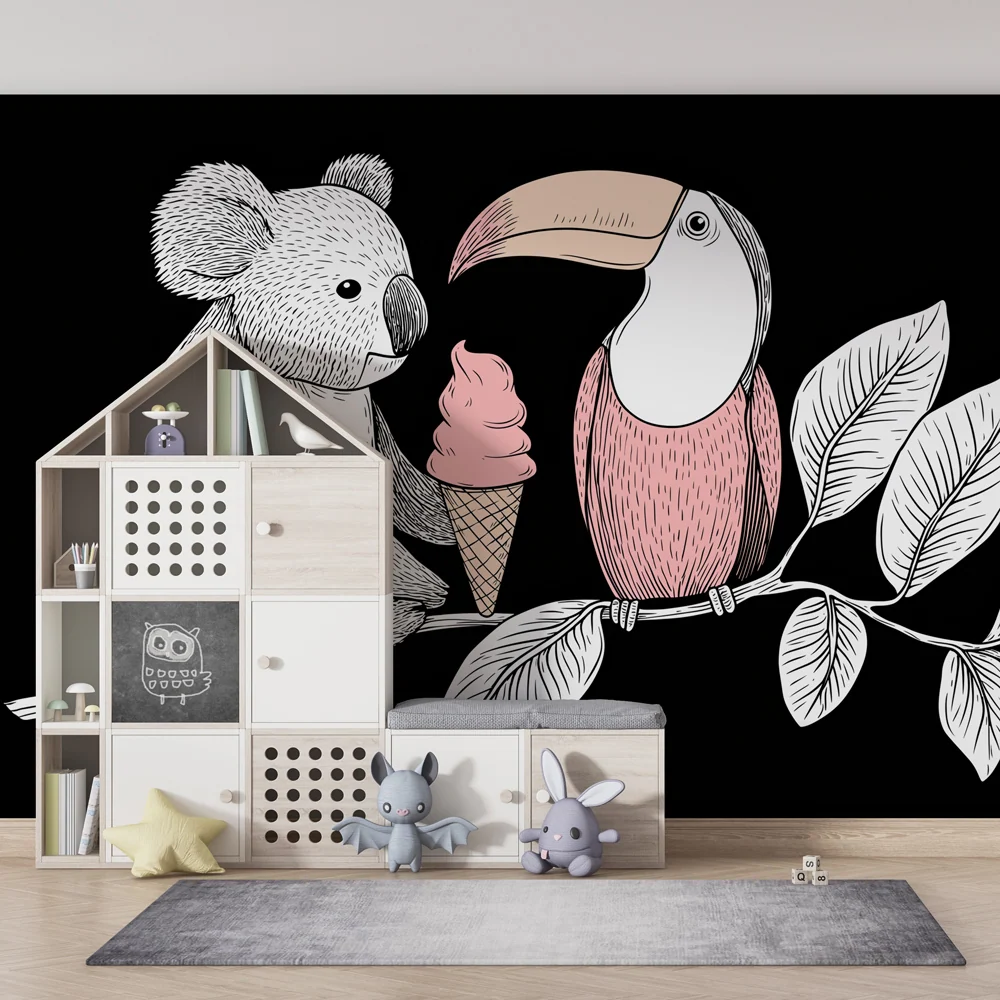 Tapet barnerom | Sulten koala og fargerik toucan