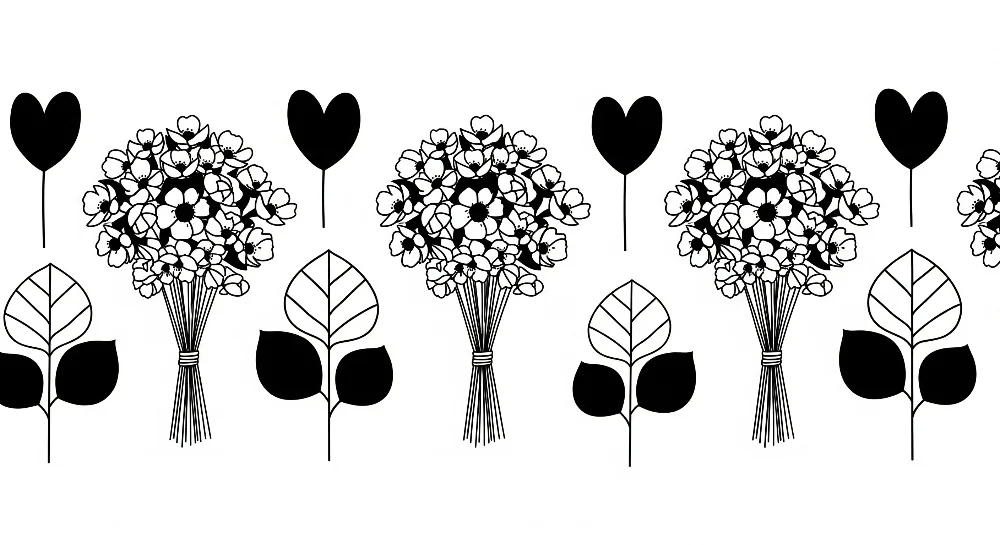Tapet barnerom | Svart-hvite blomsterbuketter og hjerter