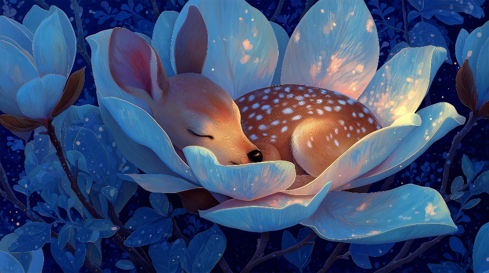 Tapet barnerom | Søvnig fawn i en lys blomst under en stjernehimmel