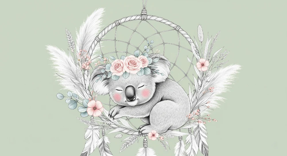 Tapet barnerom | Søvnig koala og blomstrende drømmefanger