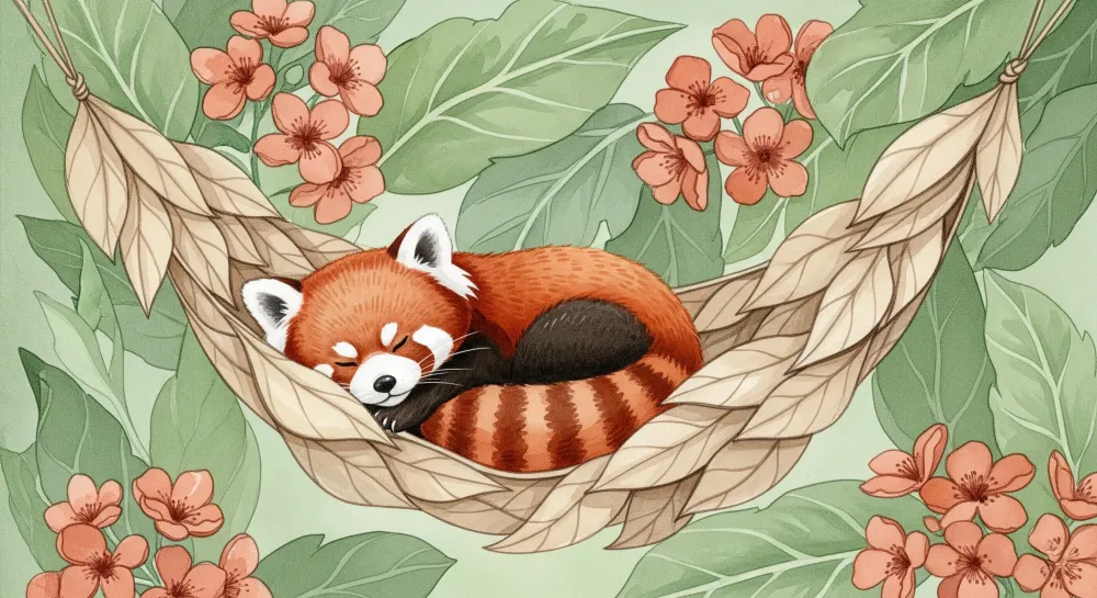 Tapet barnerom | Søvnig rød panda midt blant blomstene