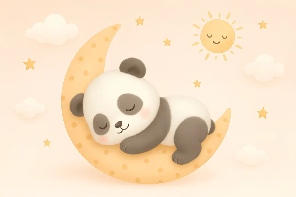 Tapet barnerom | Søvnig panda på en månesigd