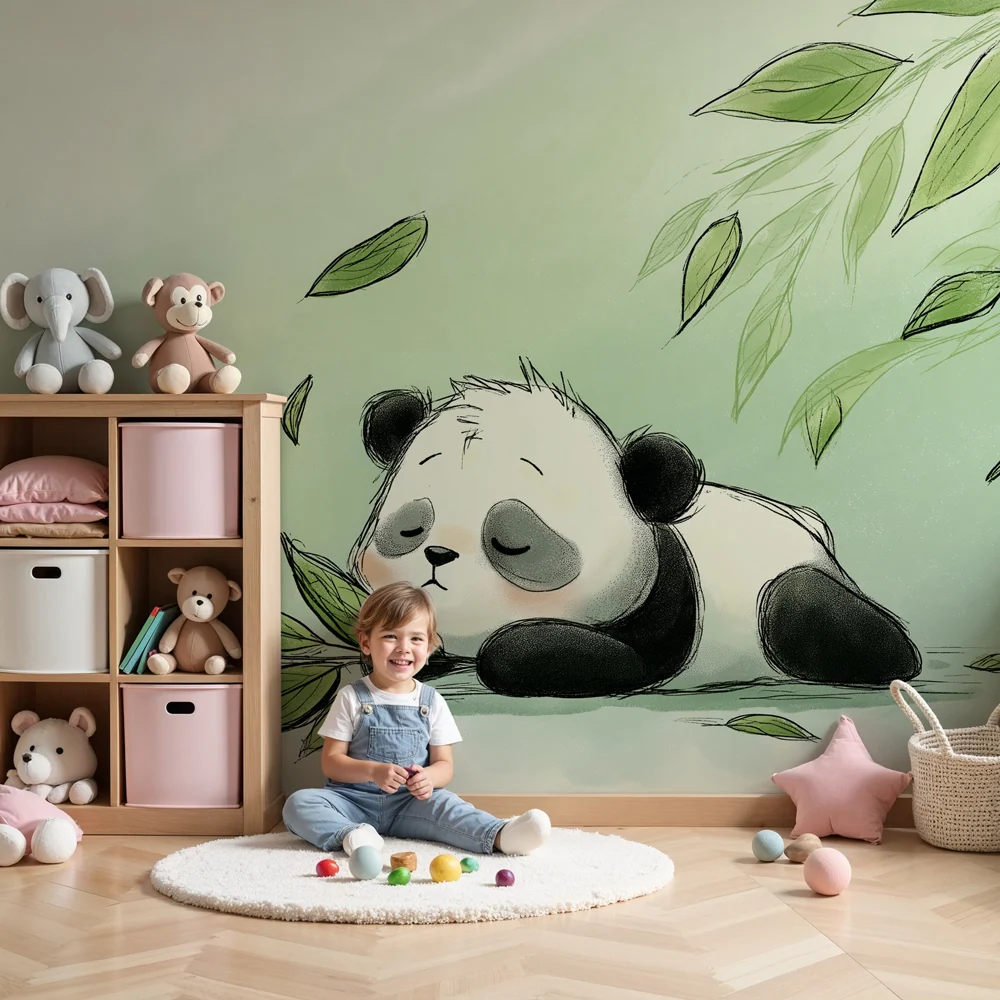 Tapet barnerom | Søvnig panda og myke blader