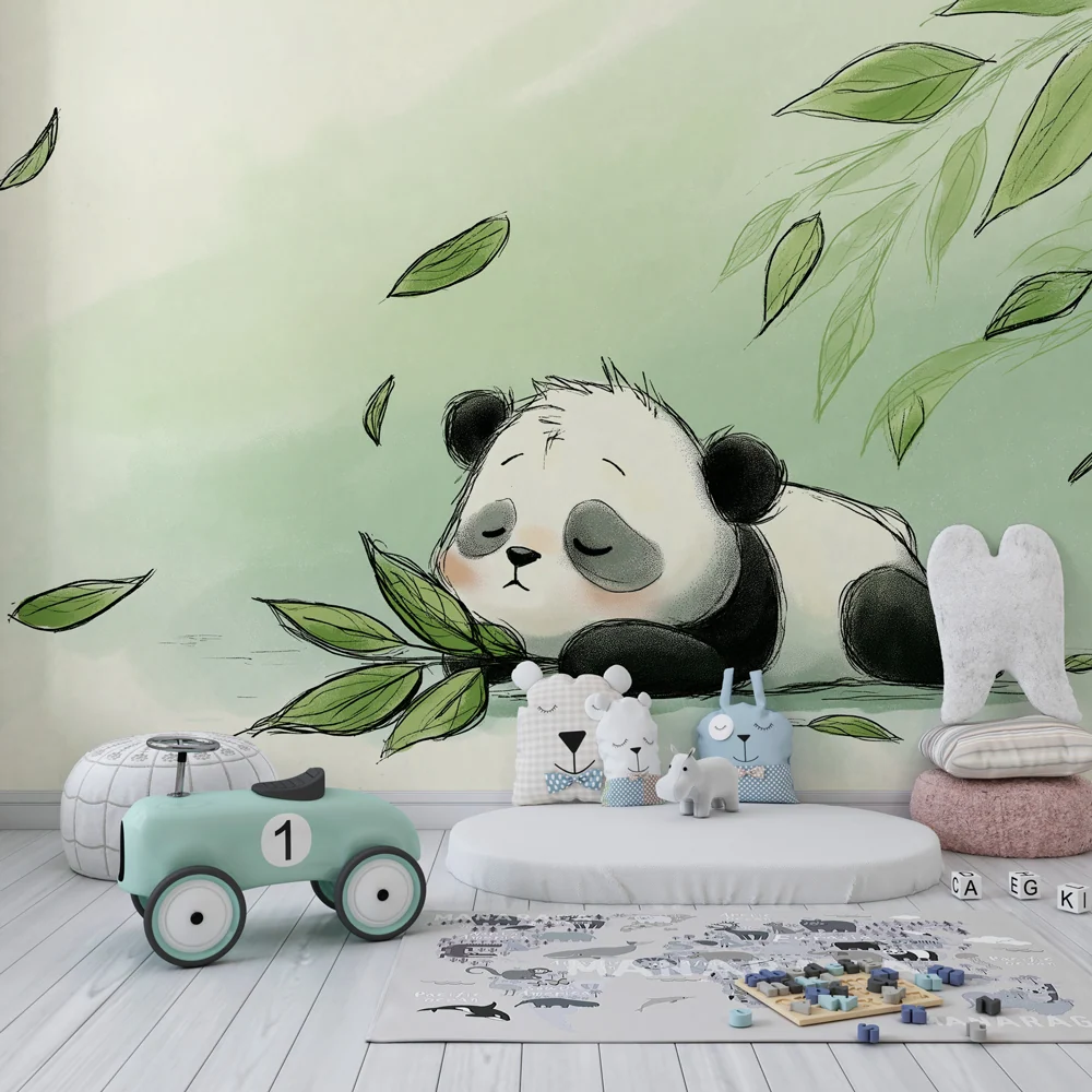 Tapet barnerom | Søvnig panda og myke blader