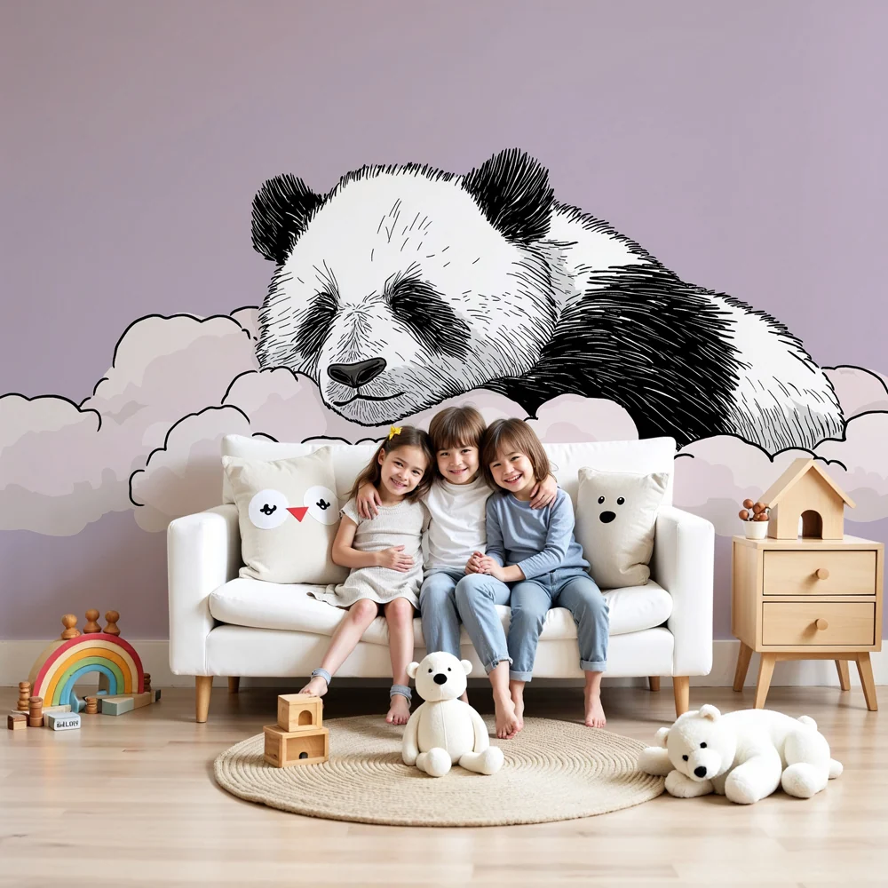 Tapet barnerom | Søvnig panda på en sky