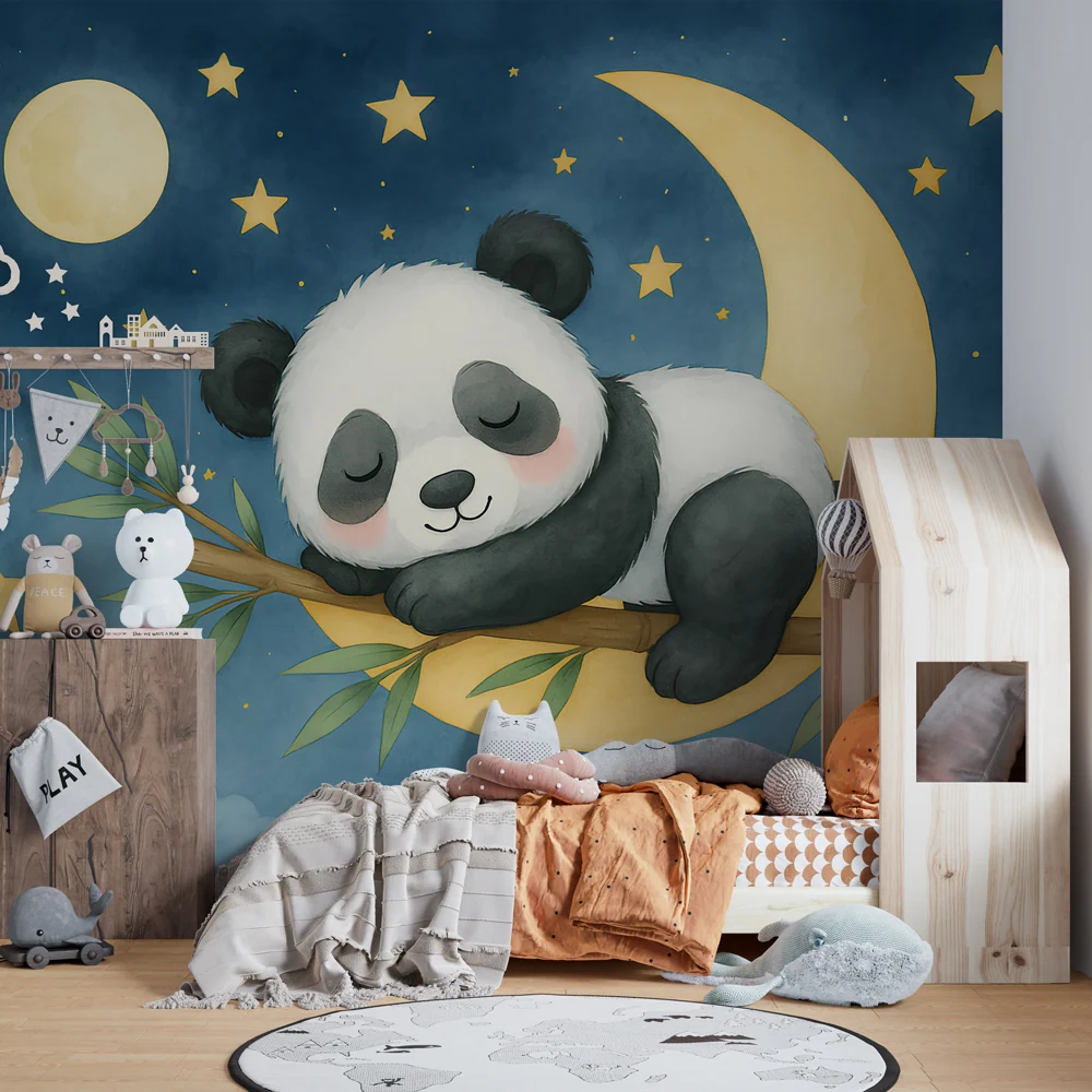 Tapet barnerom | Søvnig panda under stjernene