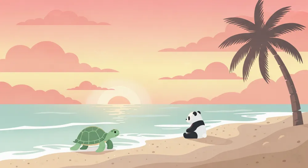 Tapet barnerom | Tropisk strand med panda og skilpadde
