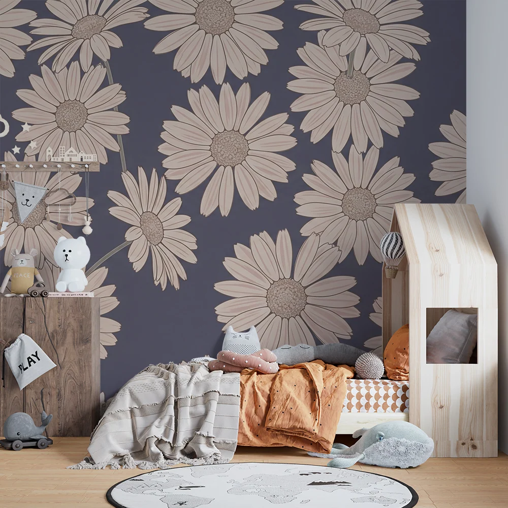 Tapet barnerom | Tusenfryd blomster på lilla bakgrunn