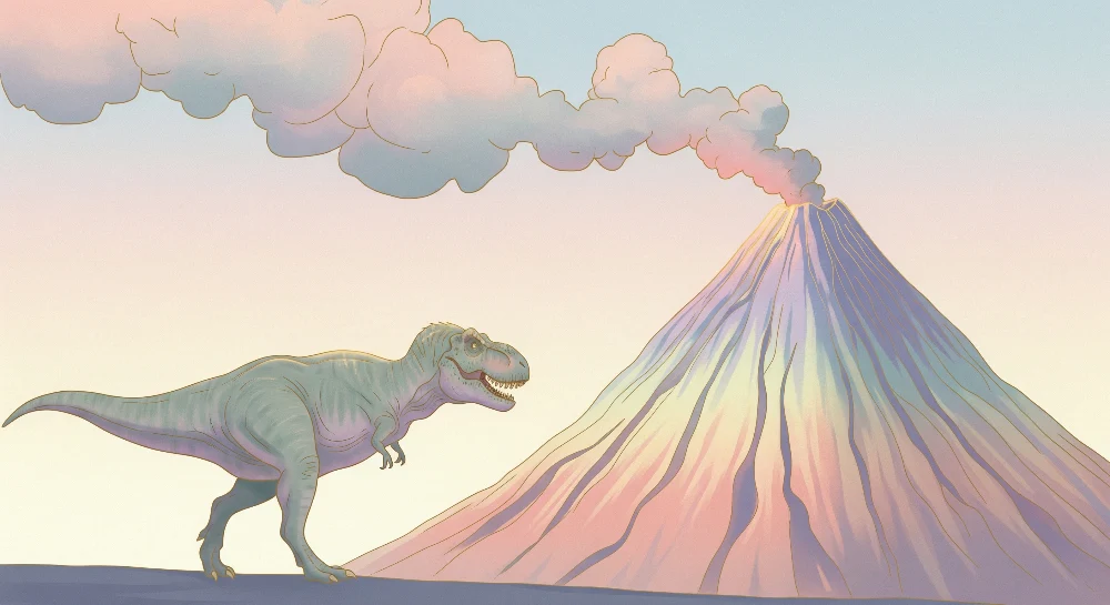 Tapet barnerom | Tyrannosaurus og fargerik vulkan i en forhistorisk landskap