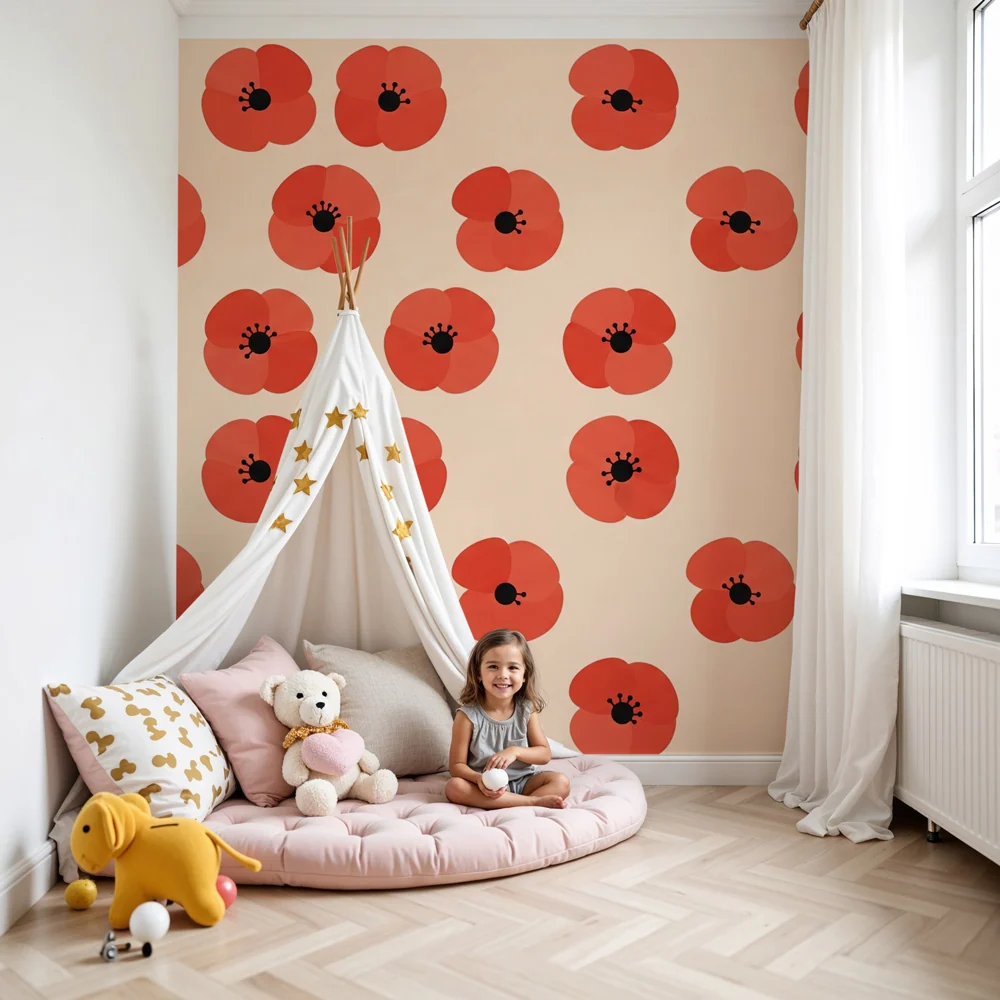 Tapet barnerom | Valmueblomster på mykt bakgrunn